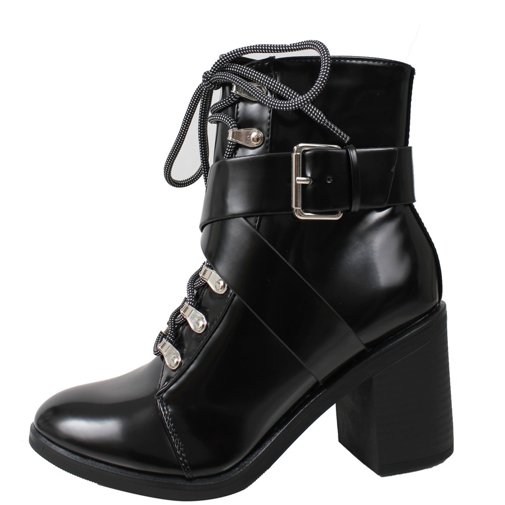 Military combat lace up block heel ankle boot